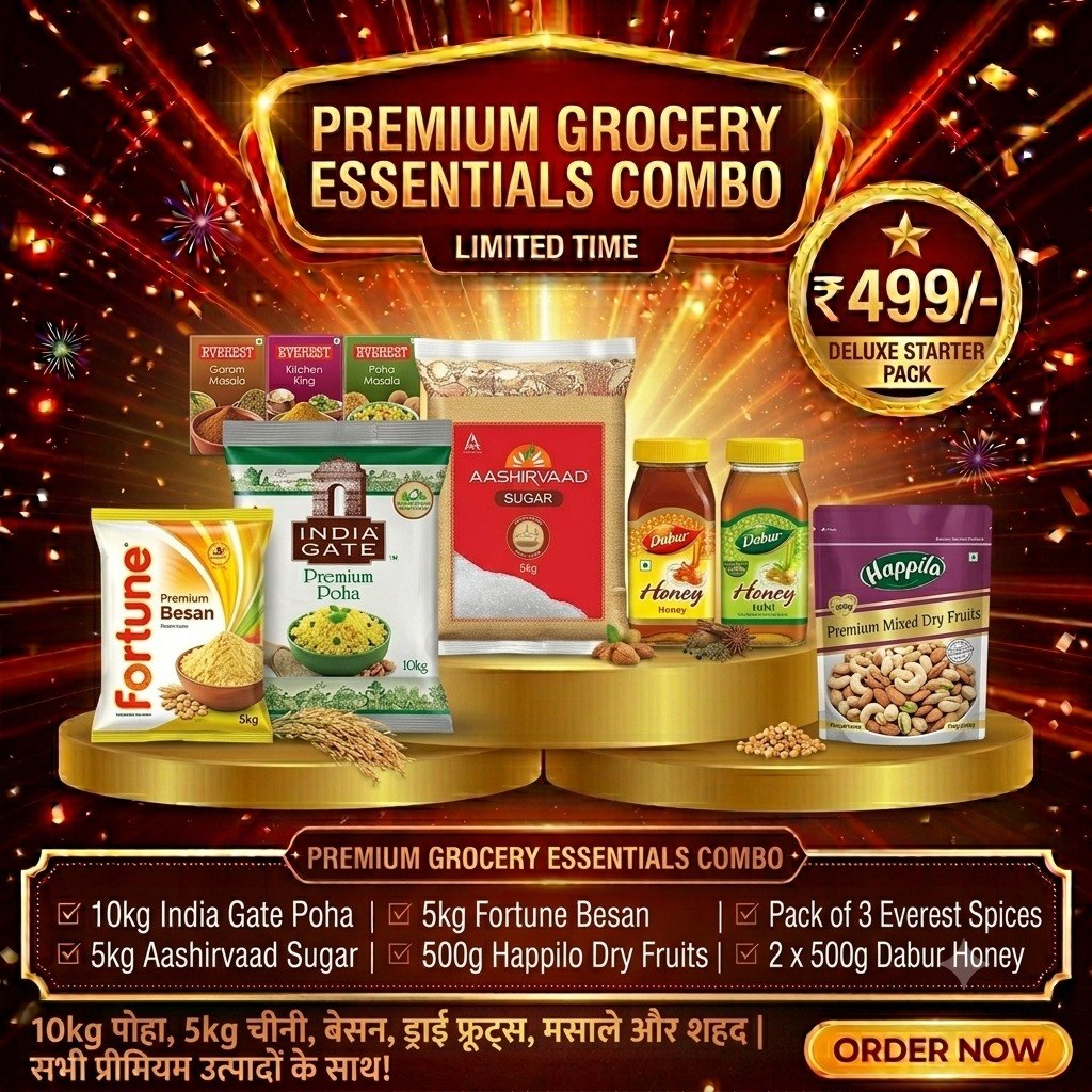 Premium Grocery Essentials Combo Pack – India Gate Poha, Aashirvaad Sugar, Fortune Besan, Dabur Honey, Happilo Dry Fruits & Everest Spices | Value Family Pack